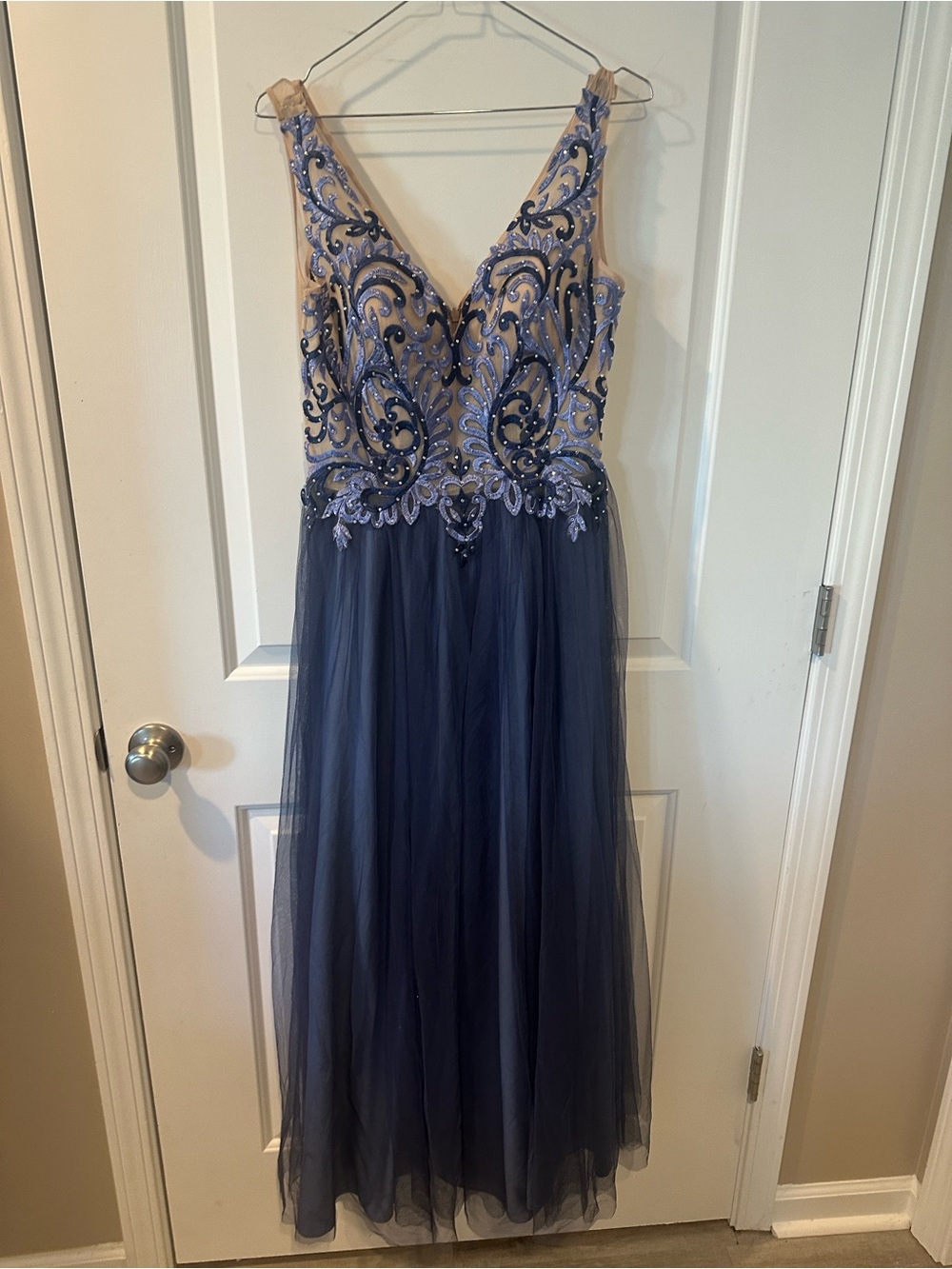 Gianni Bini Midnight Blue Embroidered Tulle Prom Dress
